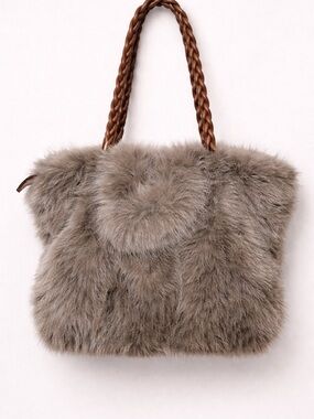 Soft Faux Fur Tote Bag Neutral Brown Gray Shoulder Bag NWOT